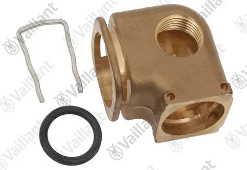 Vaillant Anschlussstück aus Messing mit zwei Anschlüssen, einem O-Ring und einer Sicherungsfeder für die Verwendung in Heizungsinstallationen.